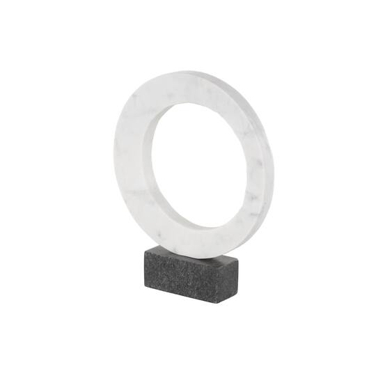 12.25" White Marble Geometric Open Ring Sculpture with Black Block Base